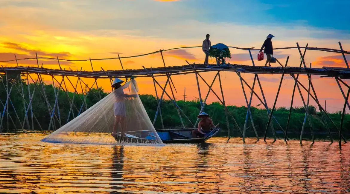 Local fishermen beside the bamboo bridge in Cam Dong Village near Hoi An