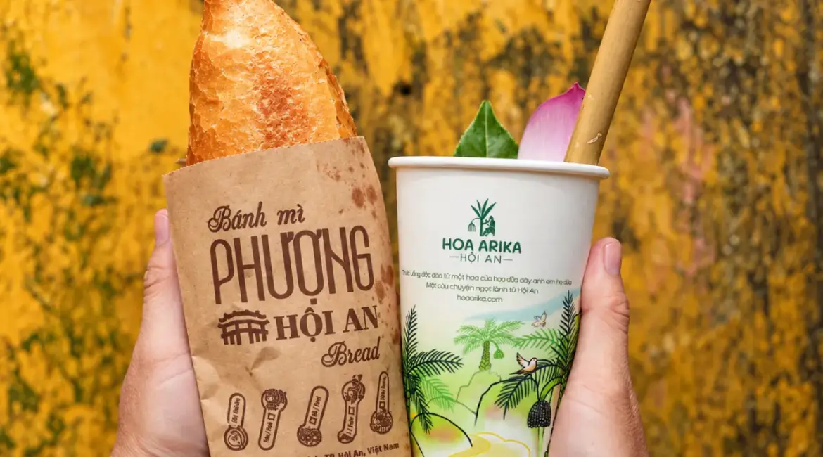 Banh Mi Phuong sandwich paired with a Hoa Arika palm nectar drink in Hoi An.