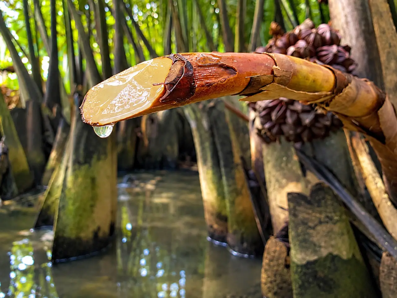 Fresh nipa palm nectar dripping from a cut fruit stalk in Hoi An.